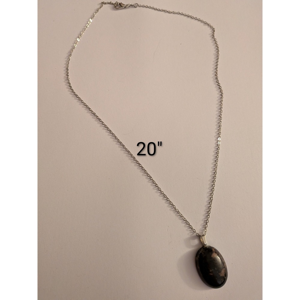 Silver Tone Oval Stone Pendant Necklace Black Brown Natural Stone 20 Inch Chain
